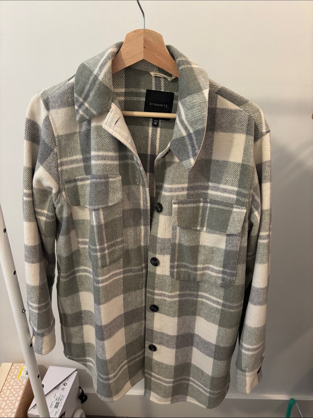 Dynamite Plaid Button-Up Shacket in Sage Green and Cream